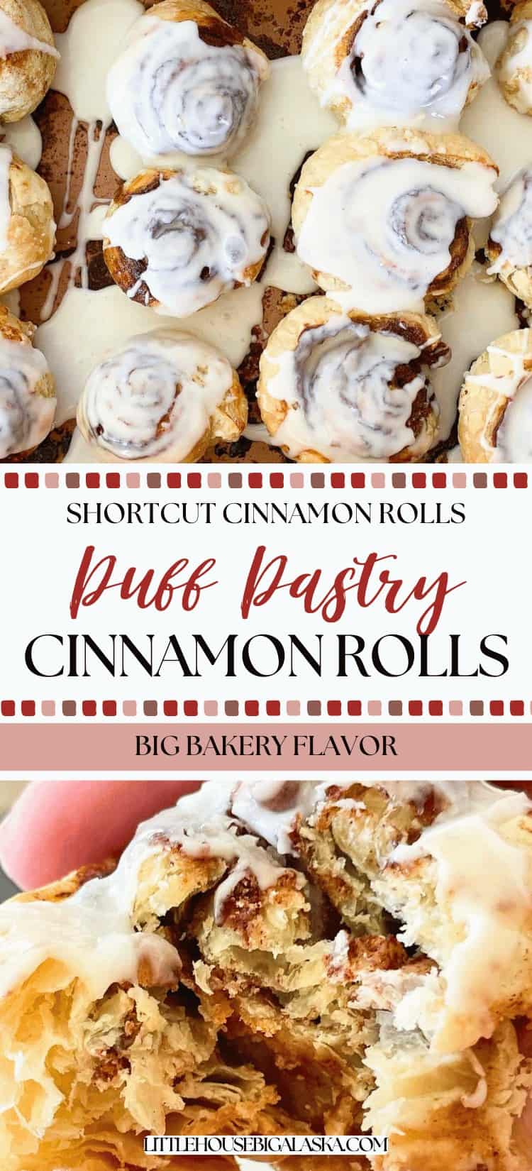 Iced puff pastry cinnamon rolls are shown on a tray, one is broken open to reveal the flaky interior with cinnamon filling.