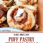 Close-up of flaky puff pastry cinnamon rolls being drizzled with icing, displayed in a baking dish.