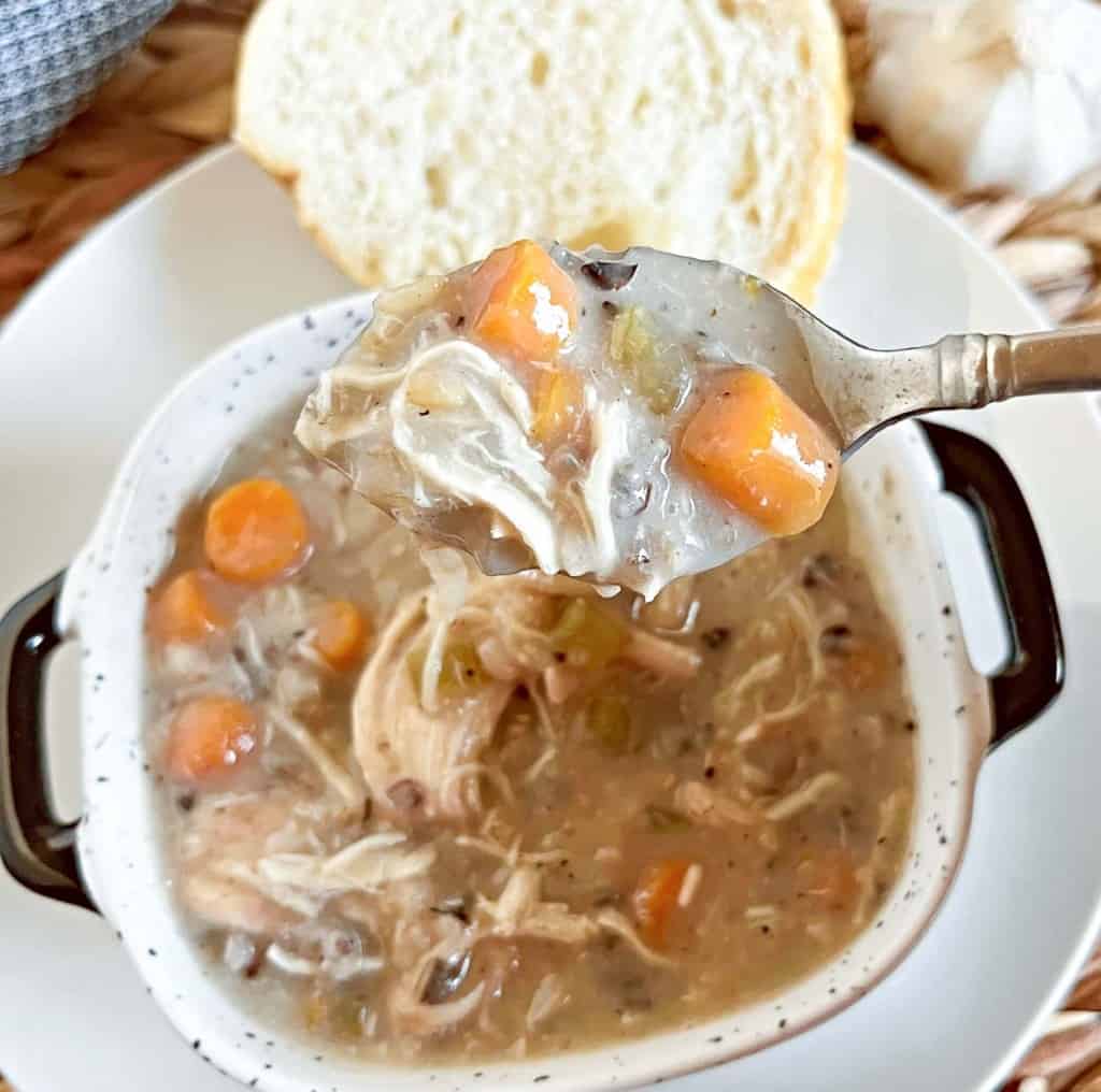 A spoonful of chicken soup with carrots and garlic.