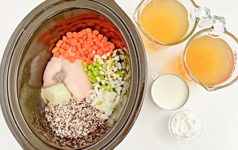 Chicken noodle soup ingredients in a crock pot.