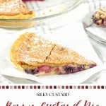 A slice of custard pie filled with juicy berries sits on a piece of parchment paper, with the rest of the berry custard pie and another tempting slice visible in the background.