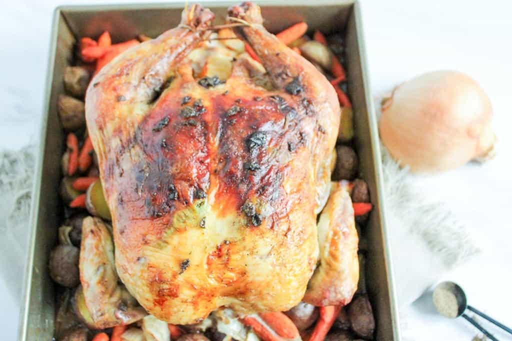 A roast turkey in a pan with roasted chicken.
