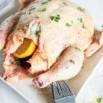 A roasted chicken with lemon on a plate.