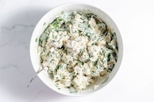 Chicken salad in a white bowl with a spoon.