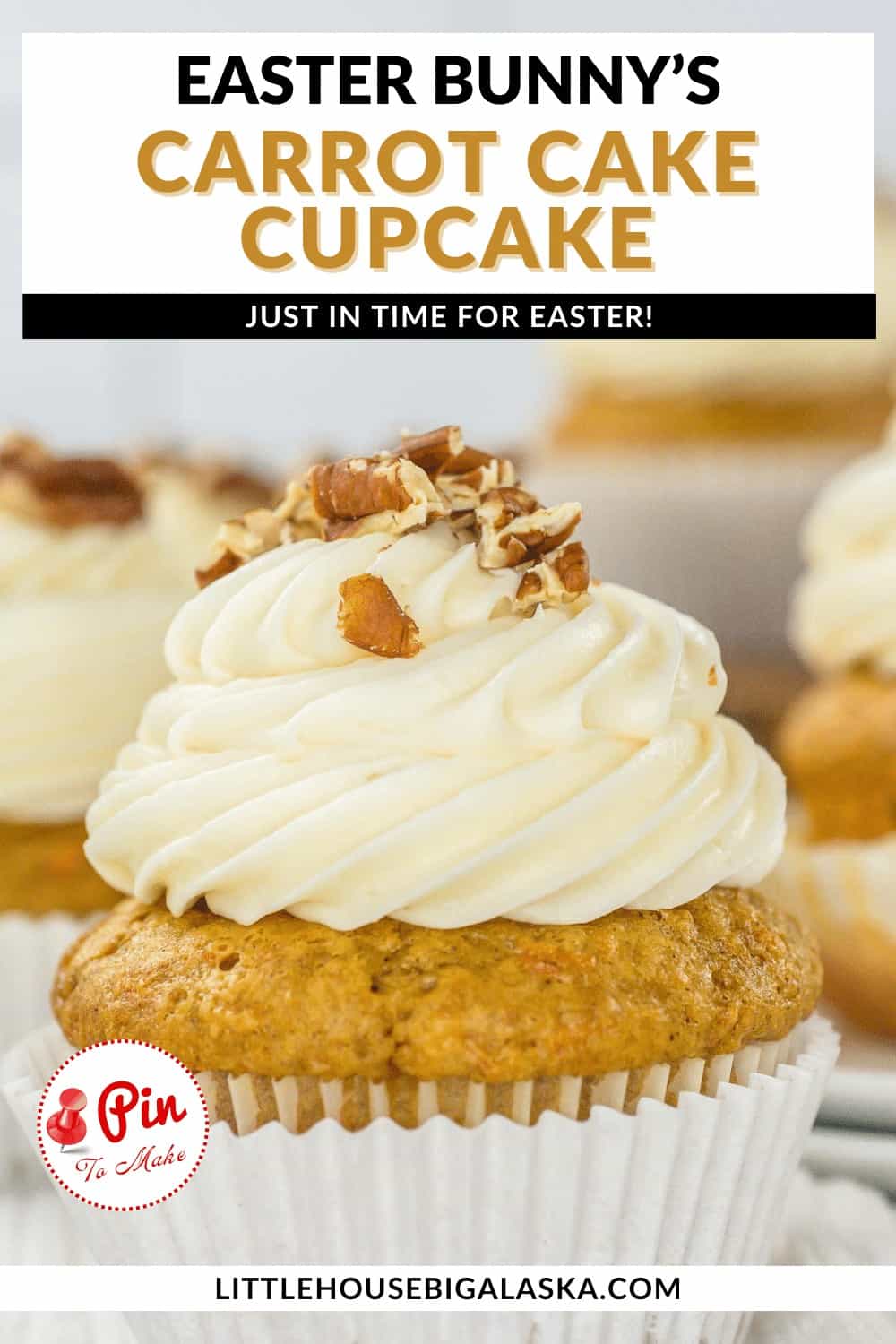 Carrot cake cupcake topped with cream cheese frosting and chopped nuts, themed for easter celebrations.