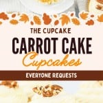 Carrot cake cupcakes with cream cheese frosting and chopped pecans on top, displayed on a white surface with autumn-themed decorations and a fork beside one of the irresistible carrot cake cupcakes.