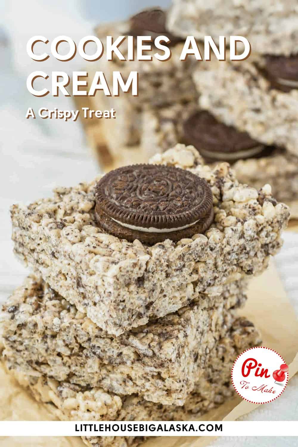 Caption: "cookies and cream crispy treats—featuring a whole cookie on top.