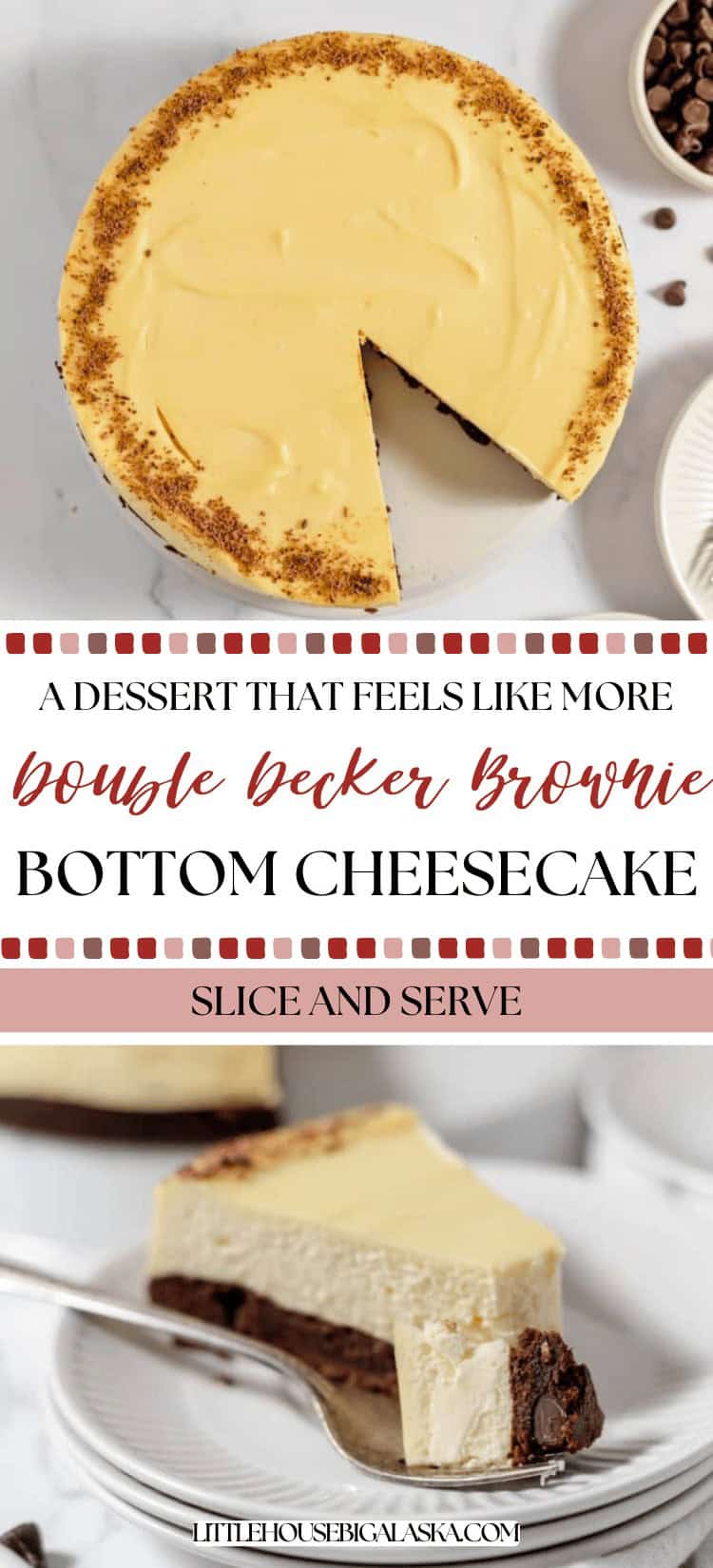 A decadent brownie bottom cheesecake, featuring a rich brownie base topped with a smooth cream cheese layer; one slice is cut and served on a plate with a fork.
