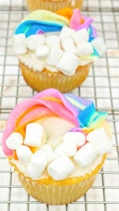 Two cupcakes decorated with rainbow-colored frosting and topped with mini marshmallows, placed on a wire cooling rack.
