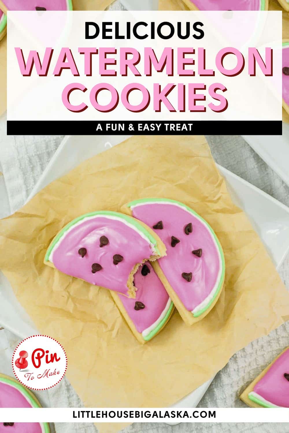 Three cookies decorated to resemble watermelon slices on a white surface with parchment paper, promoting a recipe for a fun and easy treat.