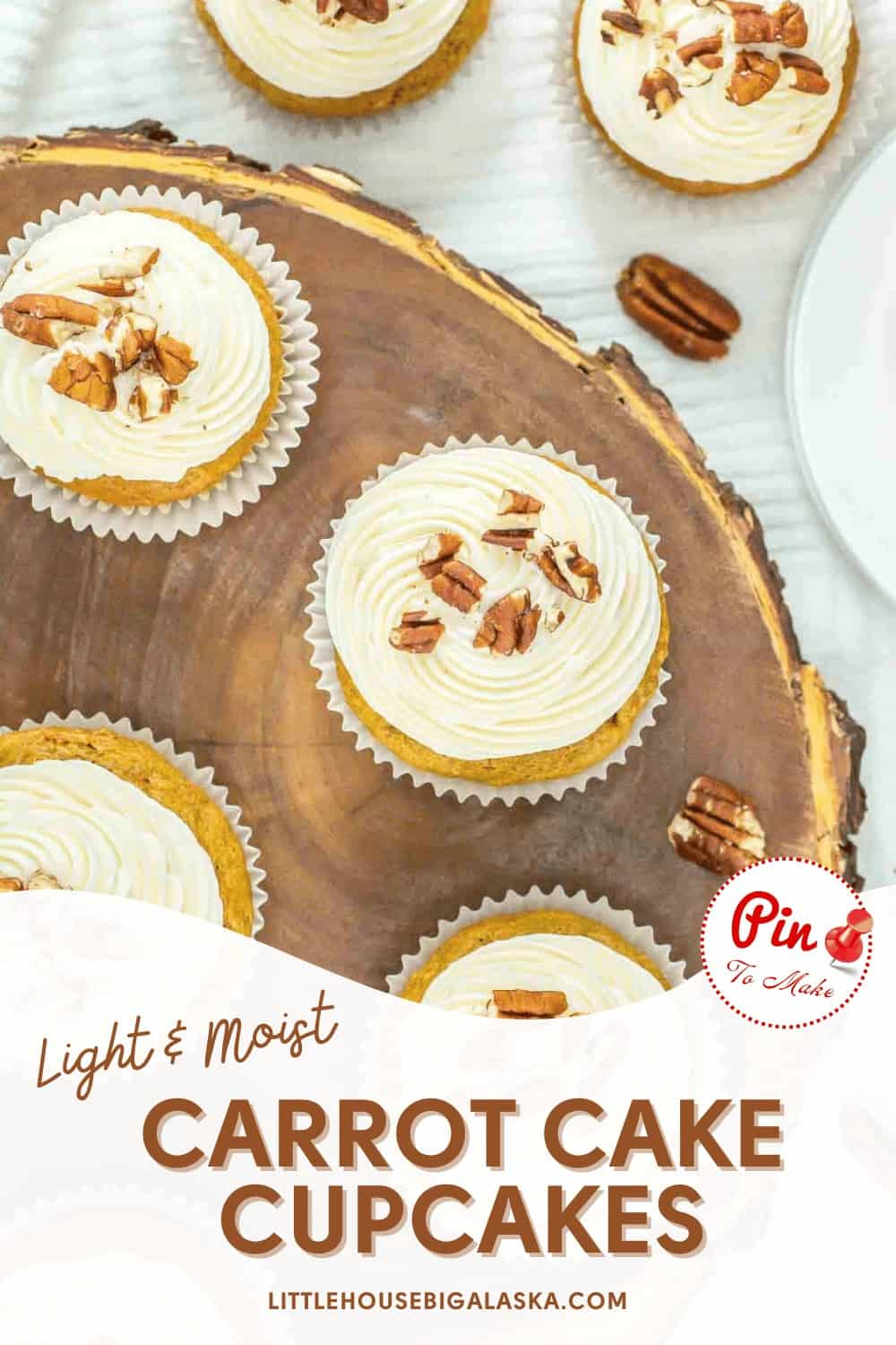 Pin for light and moist carrot cake cupcakes.