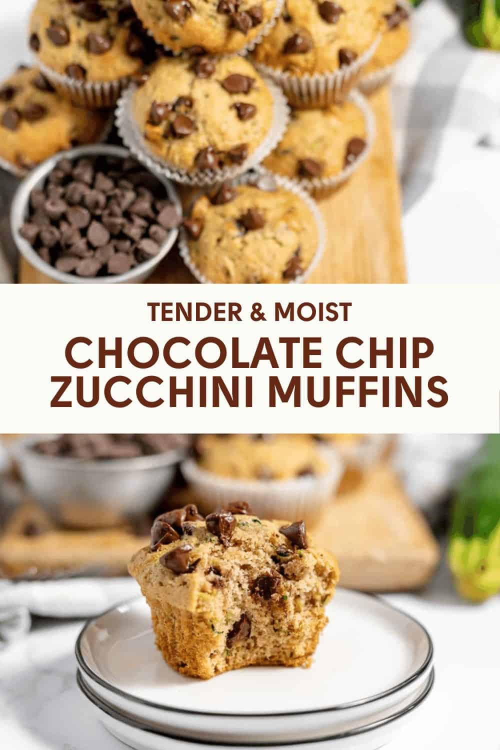 Pin for tender and moist chocolate chip zucchini muffins.