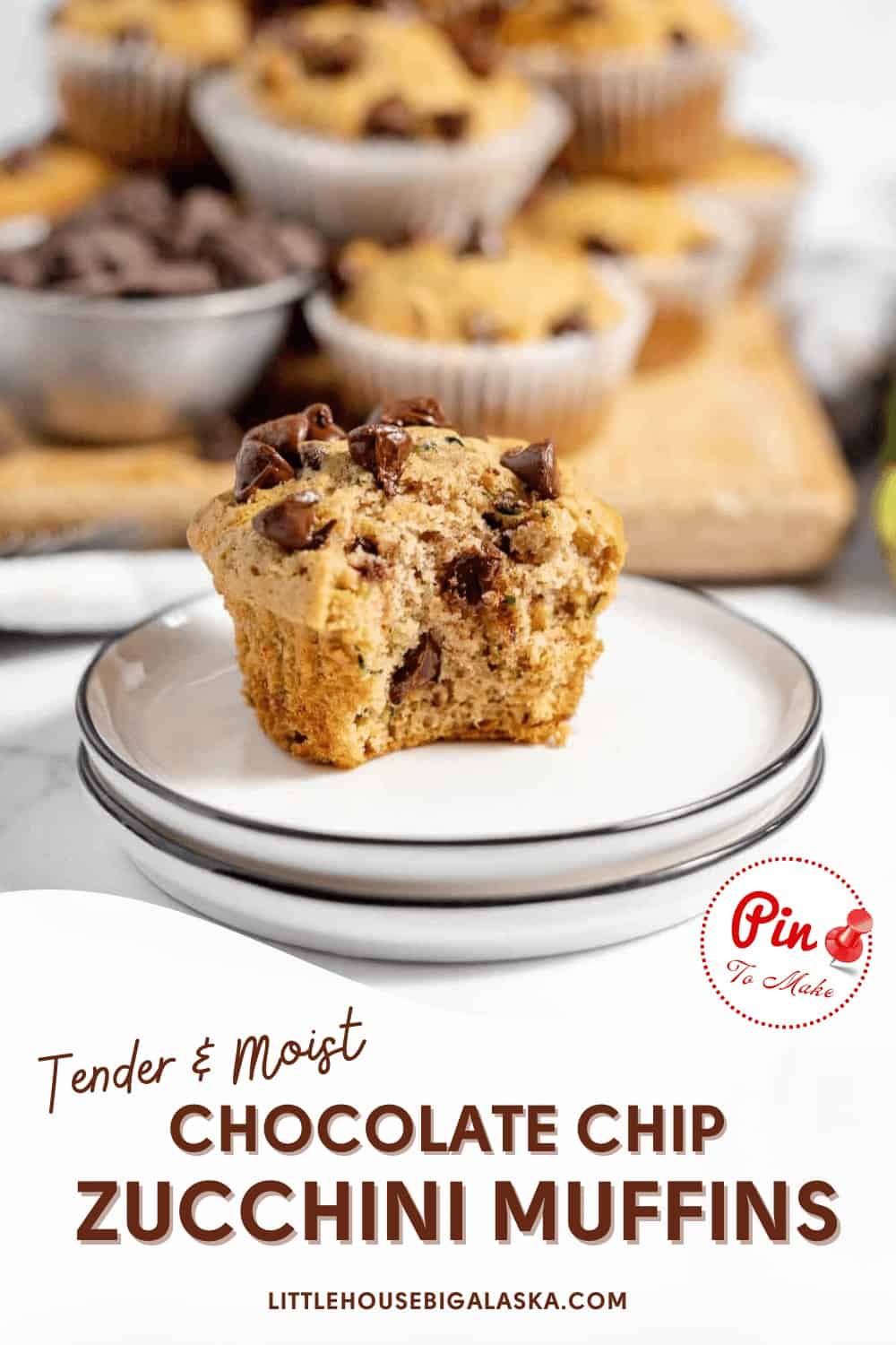 Pin for tender and moist chocolate chip zucchini muffins.