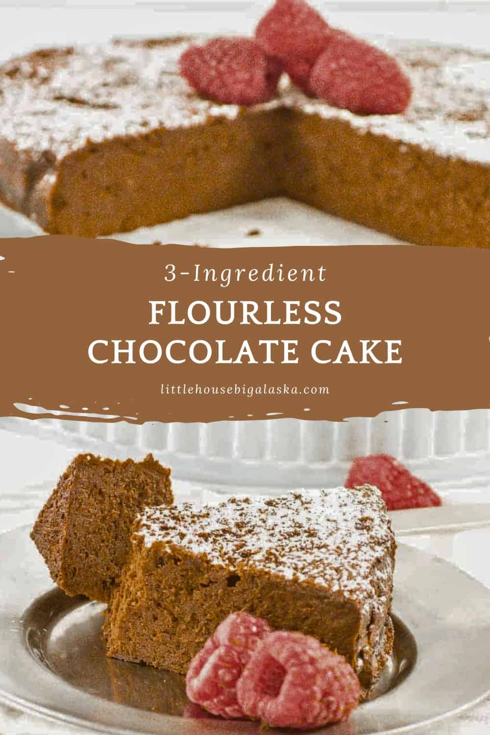 Pin graphic for flourless chocolate cake.