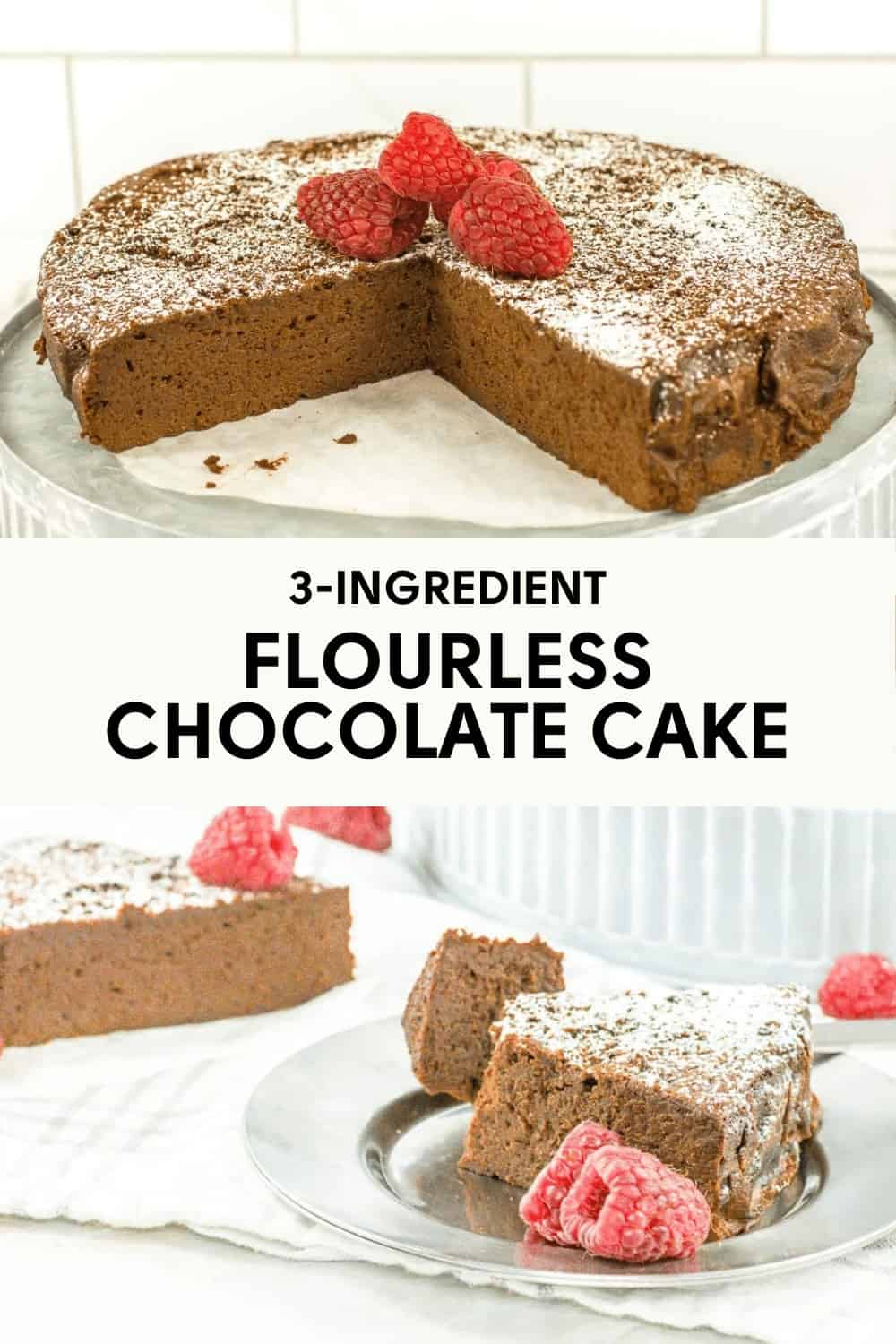 Pin graphic for flourless chocolate cake.