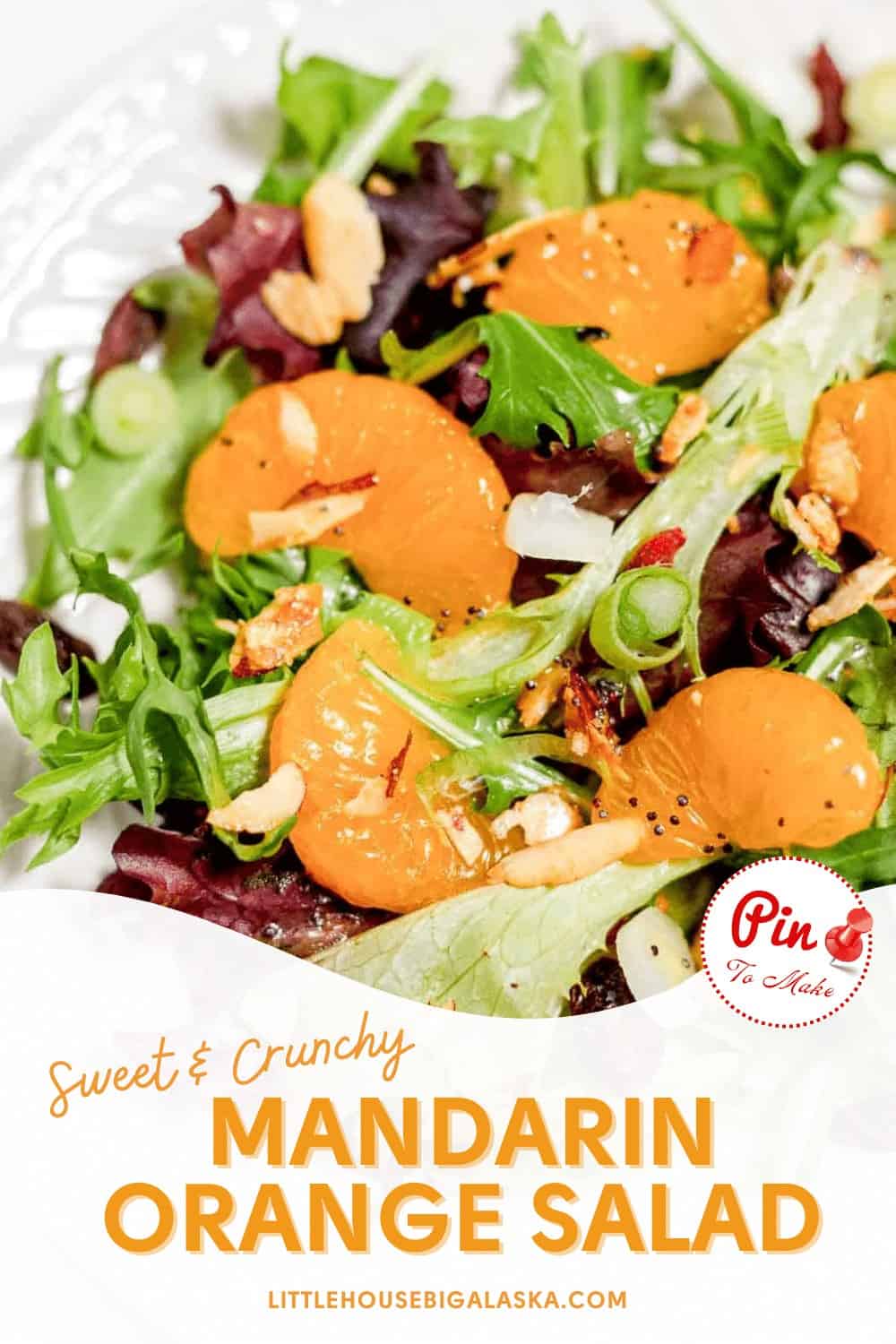A fresh mandarin orange salad with greens and nuts, presented with vibrant colors and a sweet and crunchy tagline.
