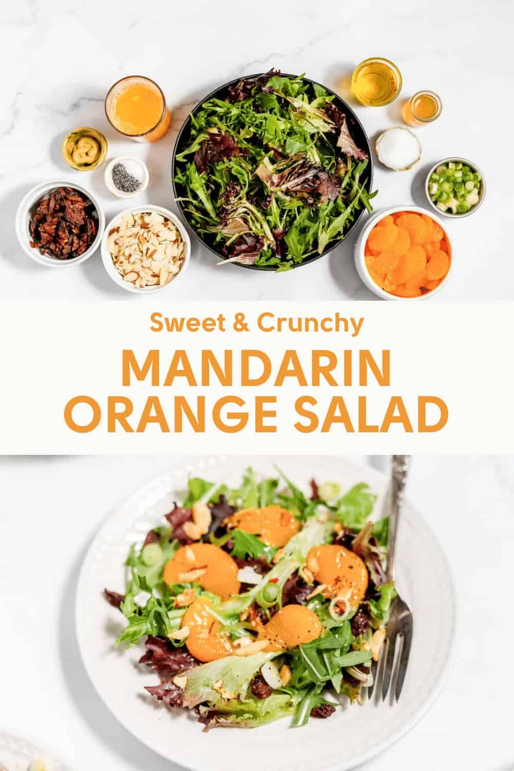 A vibrant presentation of a mandarin orange salad with ingredients displayed above and a plated serving below.