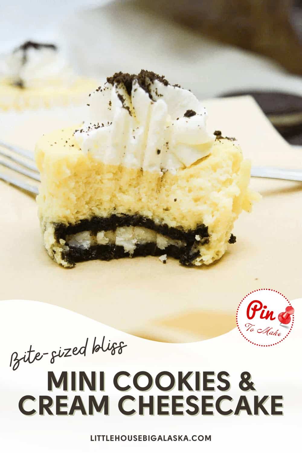 Pin for the bite-sized bliss mini cookies and cream cheesecake.