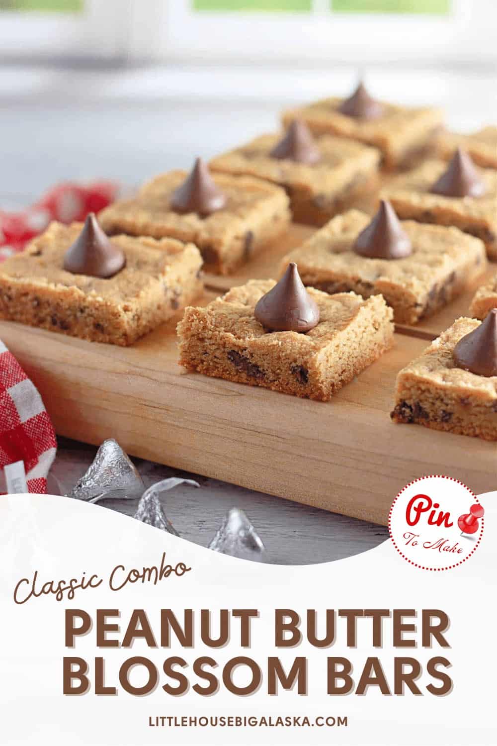 A tray of peanut butter blossom bars with a chocolate piece on top, advertised as a classic combo.