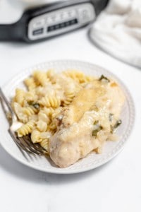 A plate of creamy chicken and pasta served with melted cheese on top, with a fork on the side and an instant pot visible in the background.