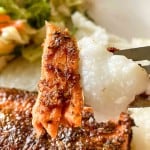 Close-up of a plate with grilled salmon, white rice, and mixed vegetables.