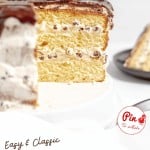 A close-up view of a sliced cannoli cake with layered filling, displayed on a plate. The image includes text labels and a Pinterest save button.