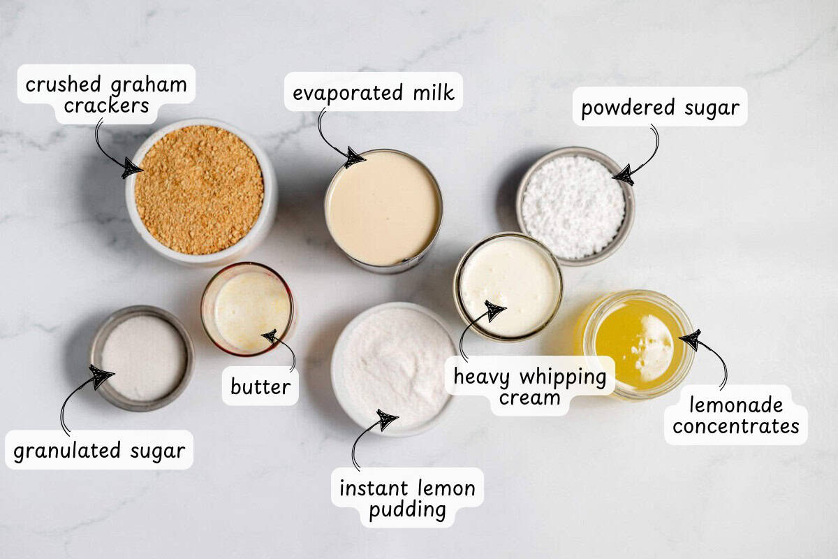 Ingredients for a delightful lemonade pie are laid out: crushed graham crackers, evaporated milk, powdered sugar, butter, granulated sugar, instant lemon pudding, heavy whipping cream, and lemonade concentrates.