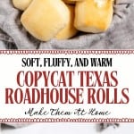 A basket of golden, square copycat Texas Roadhouse rolls rests on a napkin, with a single roll served on a plate, capturing the warm and fluffy texture of the beloved restaurant favorite.