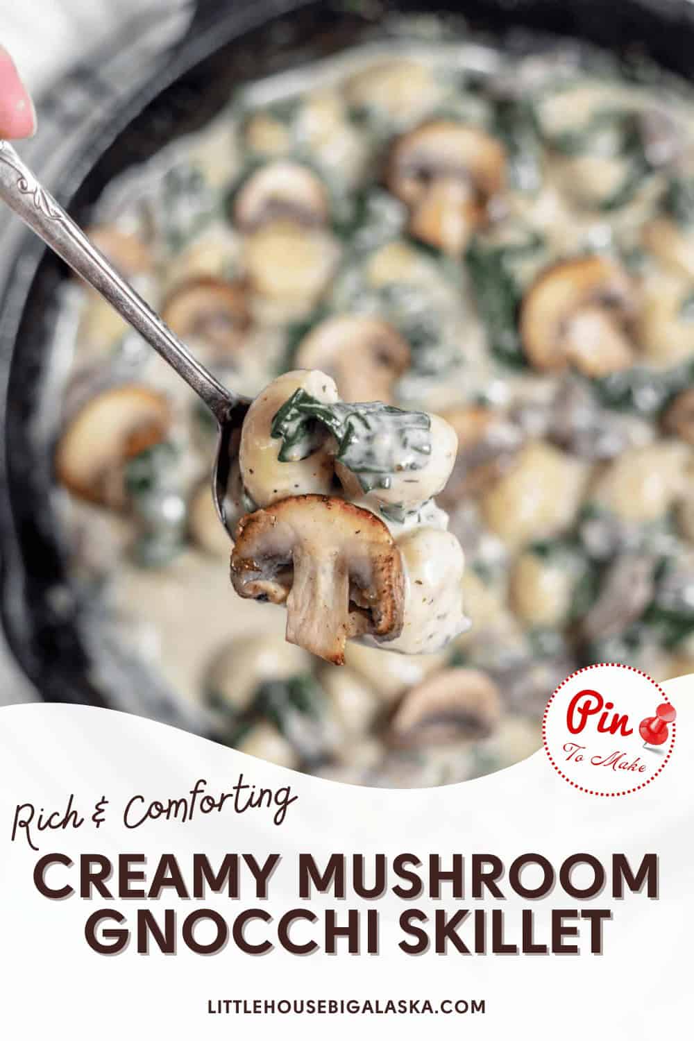 A spoon lifts gnocchi and mushrooms from a creamy skillet, with text overlay stating "Rich & Comforting Mushroom Gnocchi Skillet" and a Pinterest save button.
