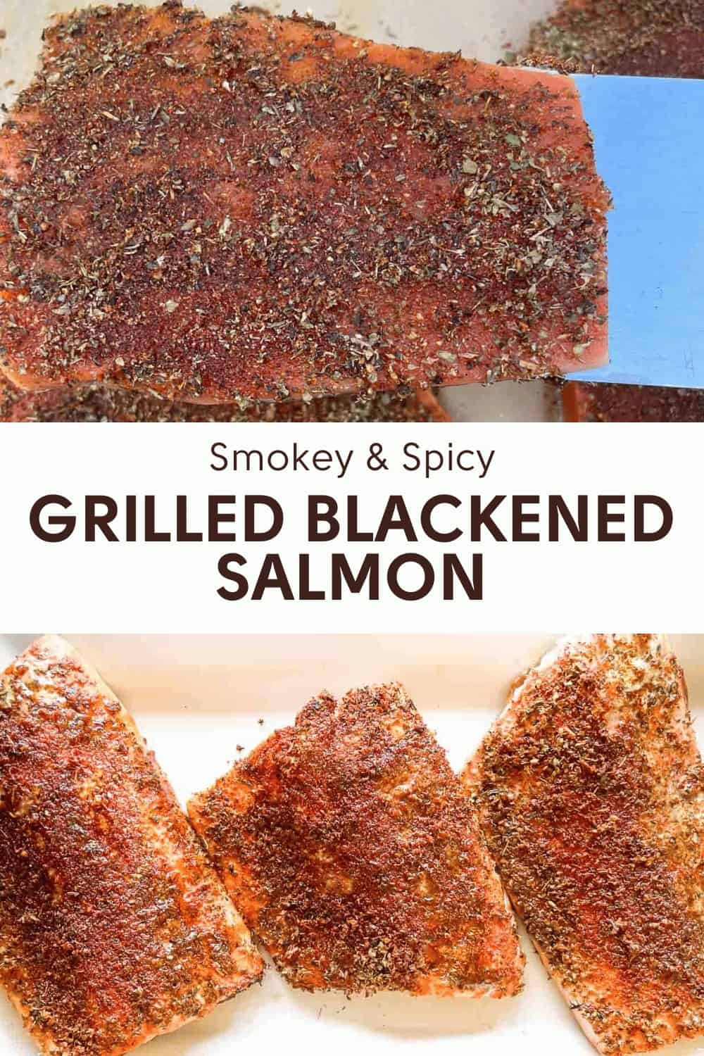 Image of grilled blackened salmon with a smokey and spicy seasoning. The image showcases salmon fillets coated in spices and herbs, emphasizing the texture and color of the seasonings.