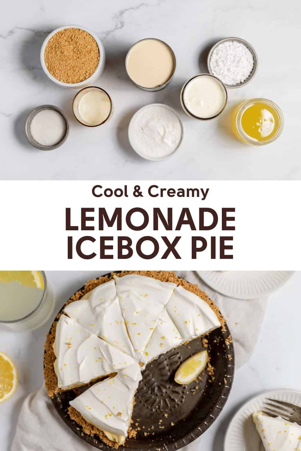 Ingredients and a sliced Lemonade Icebox Pie are displayed. The ingredients include graham cracker crumbs, lemon juice, powdered sugar, and whipped cream. The pie, topped with cream, is served with lemon slices.