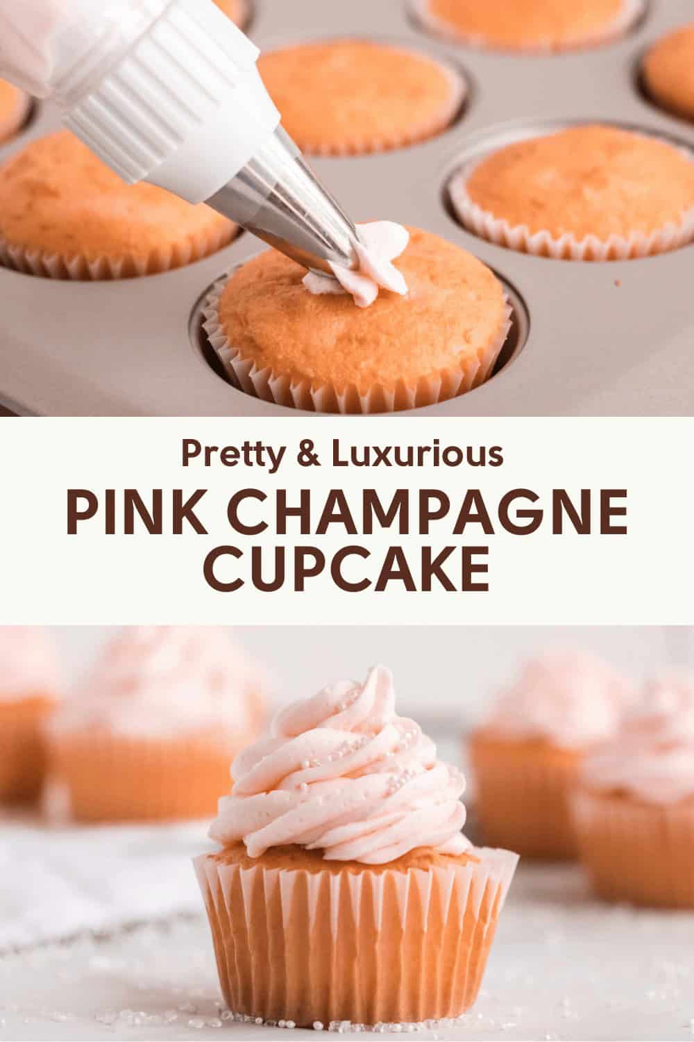Decorating pink champagne cupcakes with white frosting using a piping bag, displayed in a baking tray and on a plate.