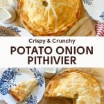 A golden-brown potato onion pithivier on a dining setup with blue and white plates, one plate holding a cut slice. A serving fork and a small bowl of sauce are also present.
