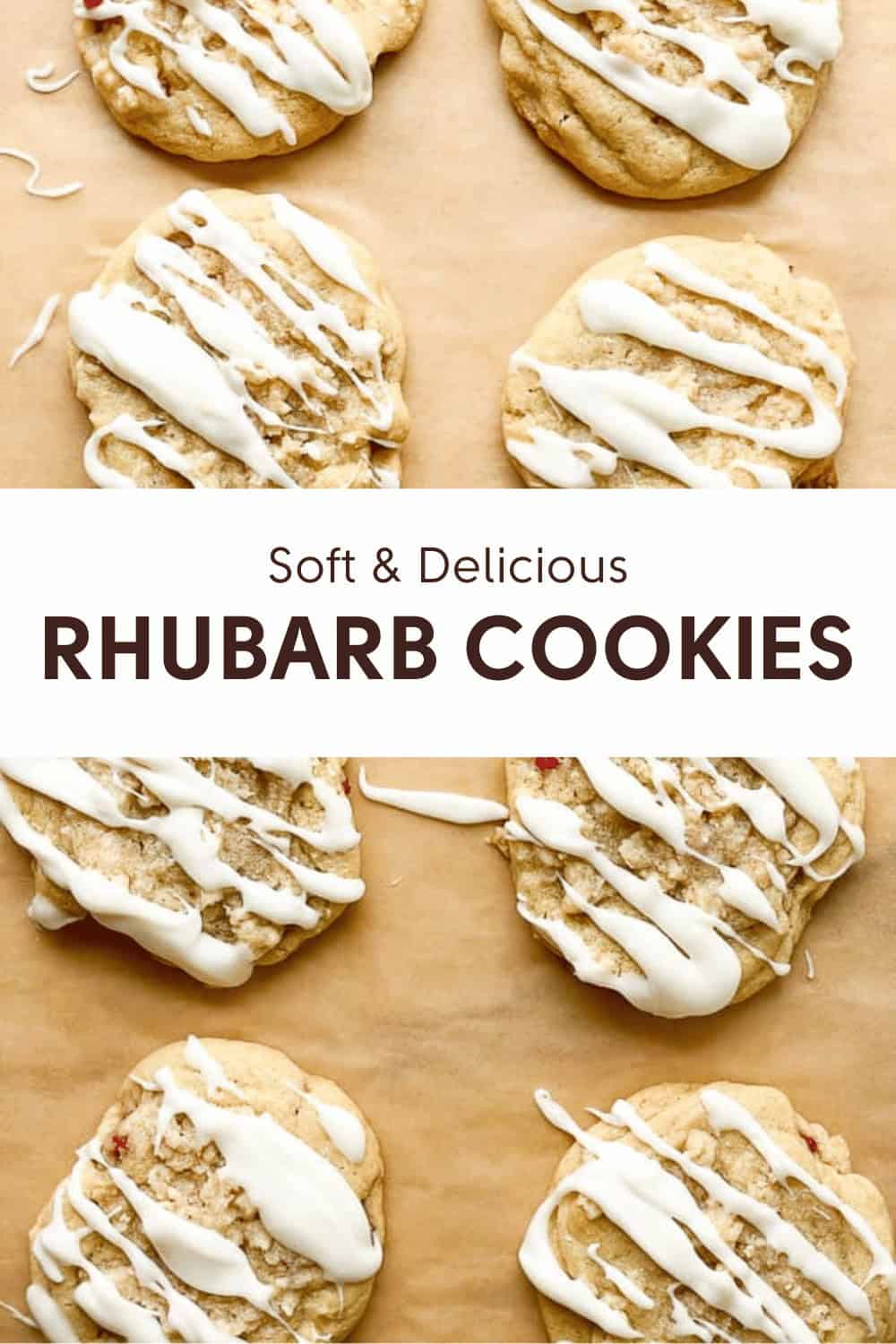 An image of six rhubarb cookies topped with white icing arranged on brown parchment paper. The text "Soft & Delicious RHUBARB COOKIES" is centered across the middle of the image.