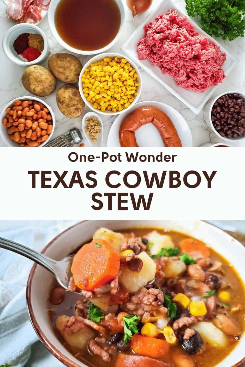 Ingredients for Texas Cowboy Stew, including ground meat, vegetables, beans, and spices, are shown above a bowl of the finished stew with a spoonful lifted.
