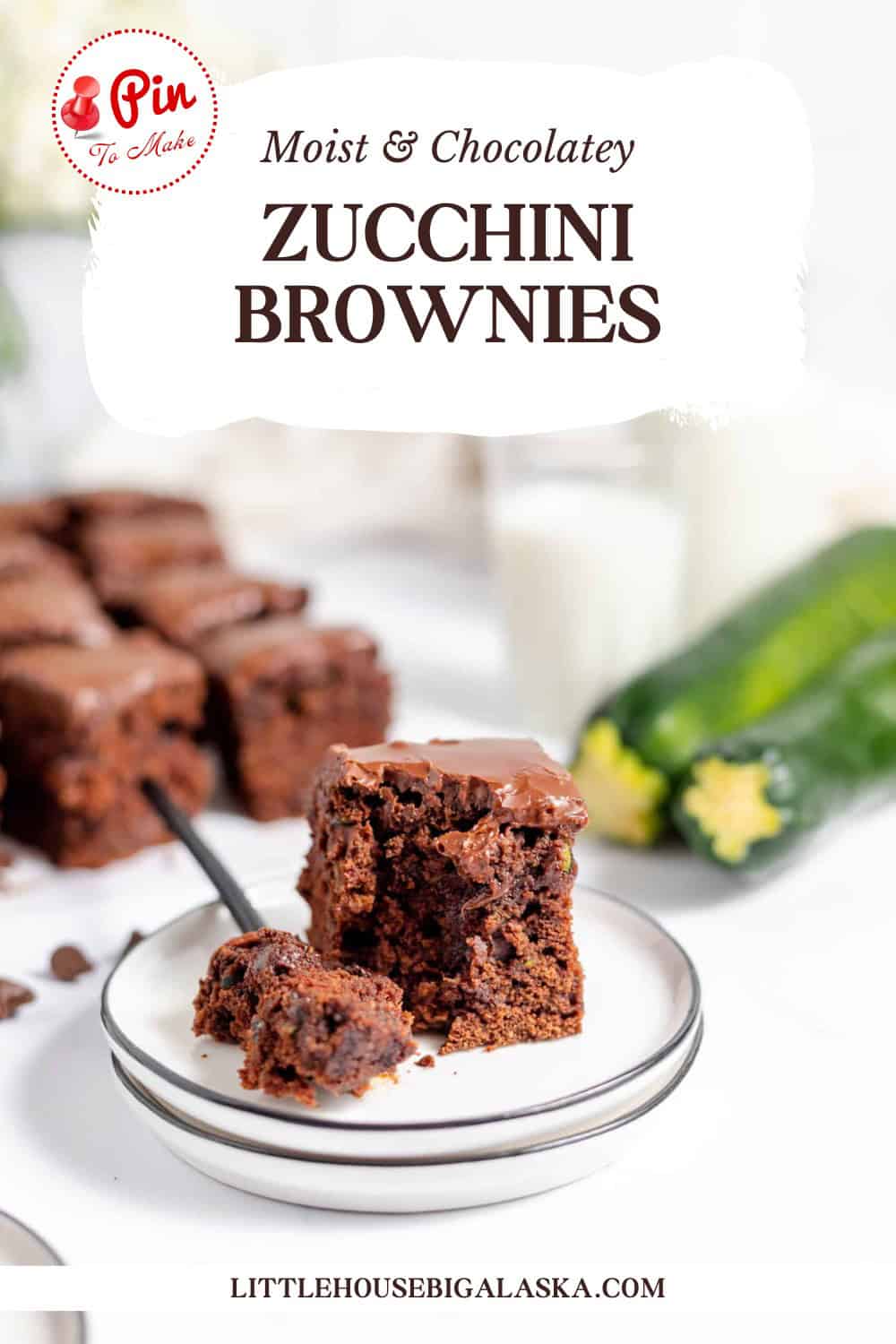 A close-up of a piece of zucchini brownie on a white plate with a fork. The background includes more brownies, zucchinis, and text that reads, "Moist & Chocolatey Zucchini Brownies.
