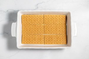 A rectangular white baking dish contains two rows of four graham crackers neatly arranged on the bottom surface.