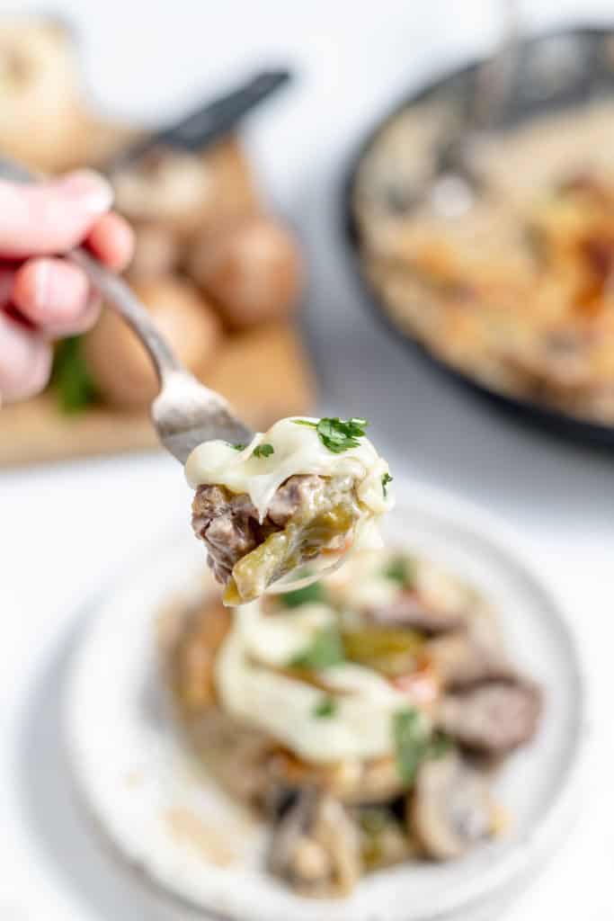 A close-up of a fork holding a bite of creamy pasta with steak pieces and herbs. A plate of the dish is in the background.