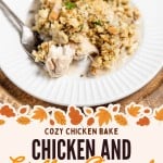 A hearty serving of Chicken and Stuffing Casserole sits on a white plate with a fork, featuring a golden breadcrumb topping for added crunch.