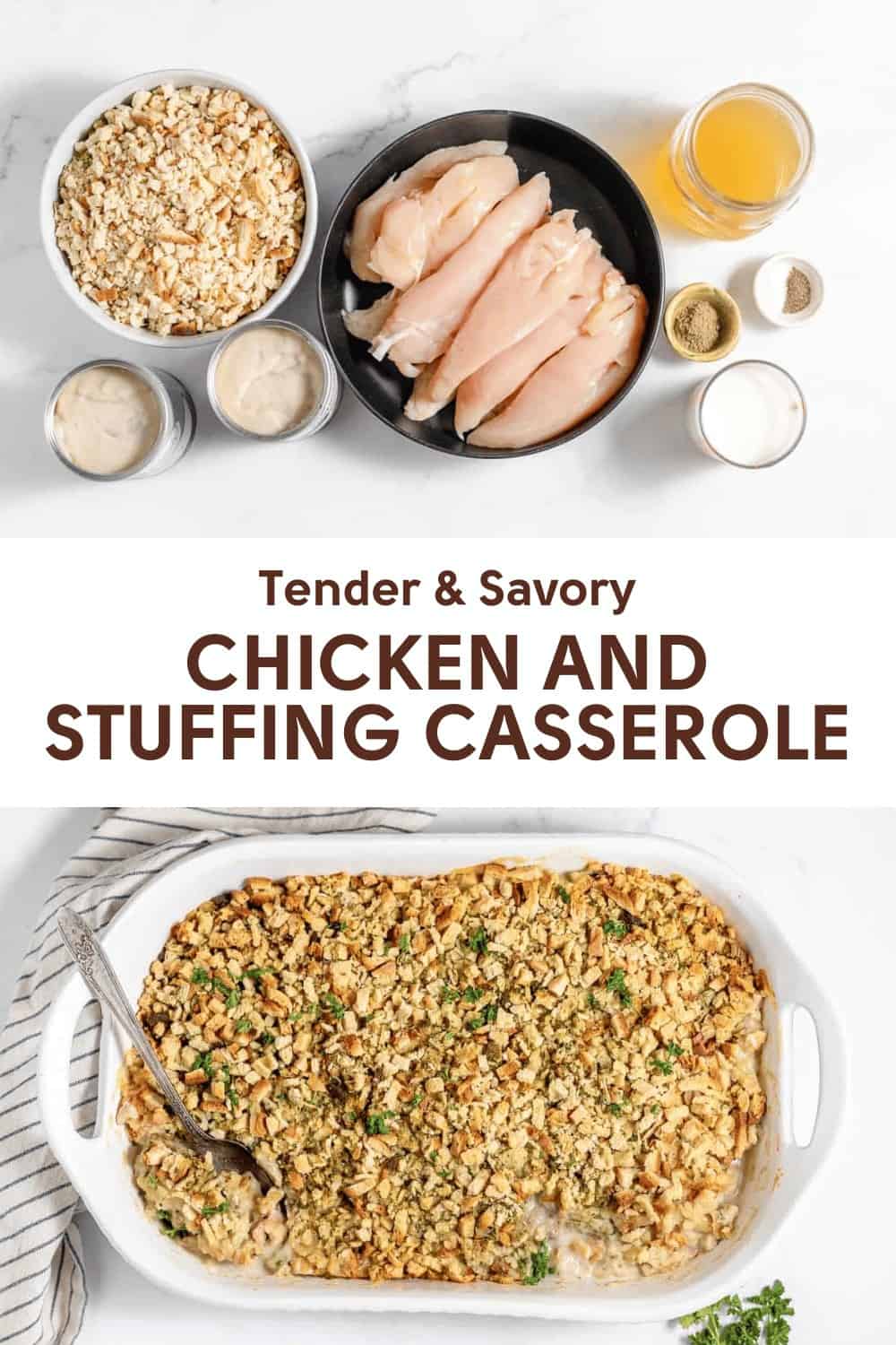 Ingredients and finished dish of chicken and stuffing casserole. The ingredients include raw chicken, stuffing mix, soup, broth, and seasonings. The dish is baked with a crispy topping.