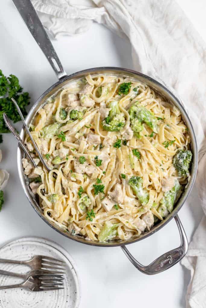 A pan of Chicken Brocoli Alfredo. 
