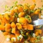 A close-up of mango salsa featuring diced mangoes, onions, and cilantro, with a metal spoon in a glass bowl.