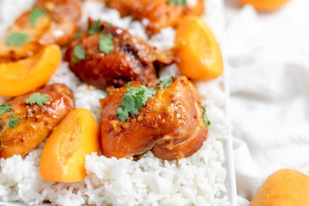 A dish of white rice topped with glazed chicken pieces, fresh apricot segments, and cilantro leaves.