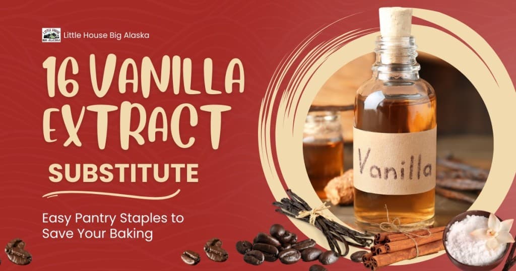 Image showing a bottle labeled "Vanilla," surrounded by ingredients such as cinnamon sticks, star anise, and coffee beans. Text reads "16 Vanilla Extract Substitutes: Easy Pantry Staples to Save Your Baking.