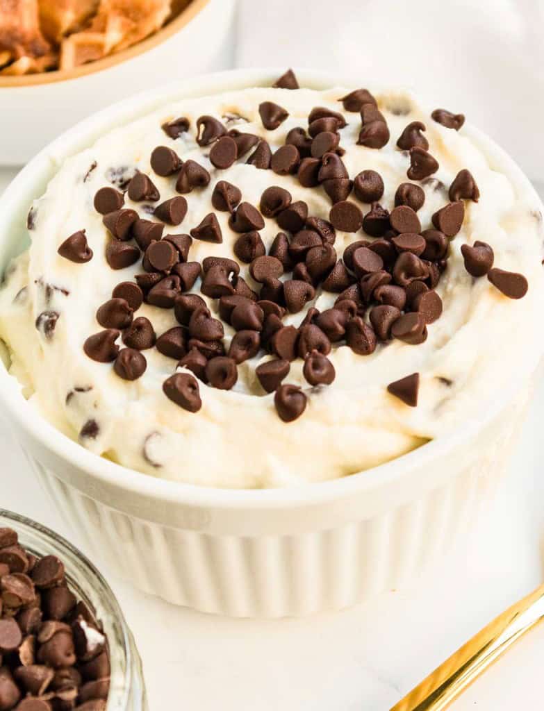 A white bowl filled with creamy dip topped with chocolate chips.