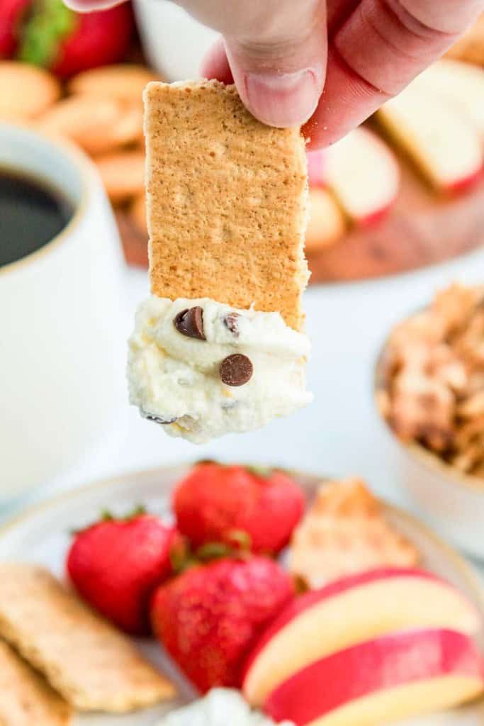 A hand holding a graham cracker dipped in cream cheese with chocolate chips, with strawberries, apple slices, and various foods in the background.