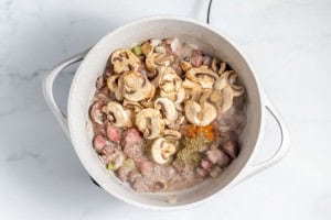 A pot containing a mixture of diced meat, mushrooms, spices, and herbs, cooking on a stovetop.