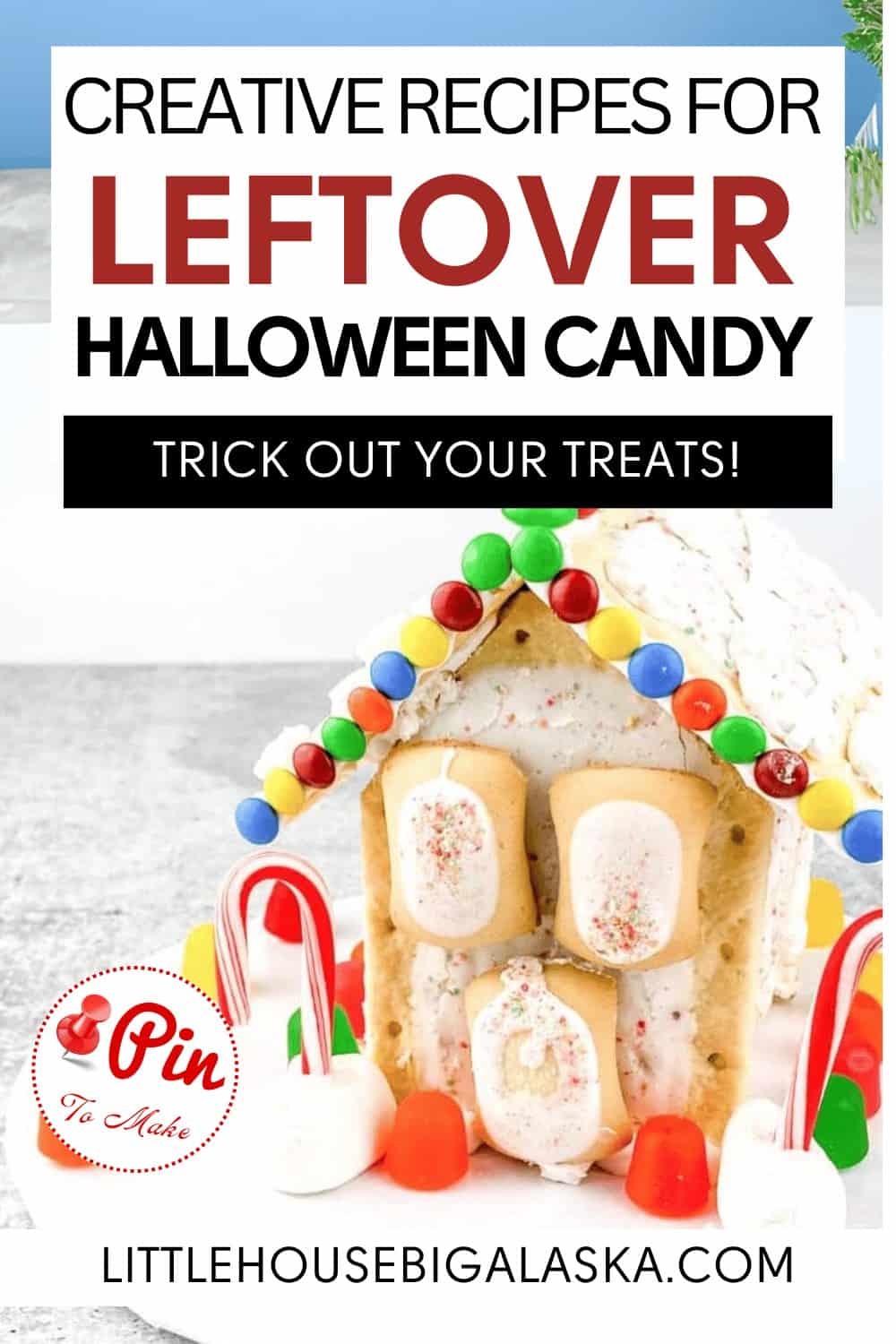 Gingerbread house decorated with candy, surrounded by candy canes. Text reads: "Creative recipes for leftover Halloween candy. Trick out your treats!.