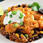 Plate of nachos with ground beef, black beans, corn, melted cheese, sour cream, chopped green onions, olives, and diced tomatoes, garnished with lime wedges and cilantro.