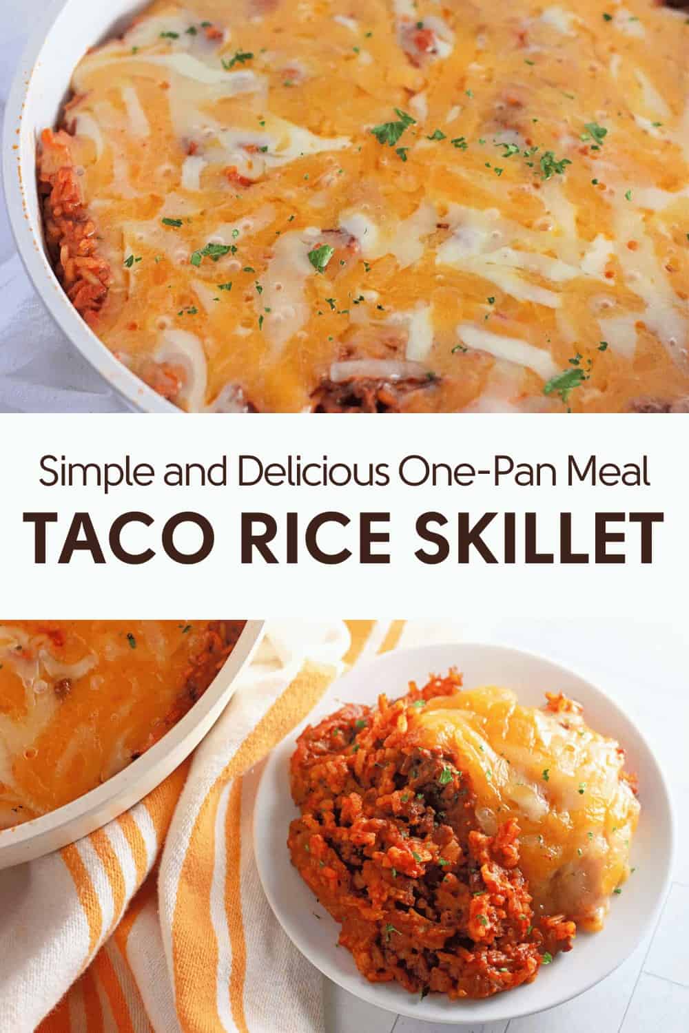 A taco rice skillet in a pan, with melted cheese on top. A serving is shown on a plate next to the pan.